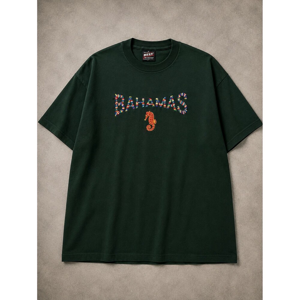 Vintage Bahamas T Shirt Mens XL USA Made Embroidered Seahorse Green Souvenir Tee